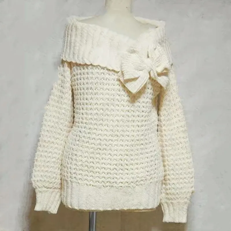 Female Solid Color Sweet Off-the-shoulder Bow Loose Casual Sweater - White