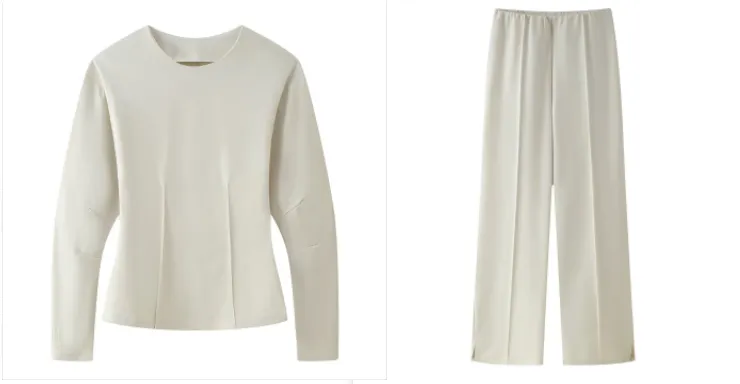 Clothing Double-sided Cloth Round Neck Top Casual Pants - Milky White Suit