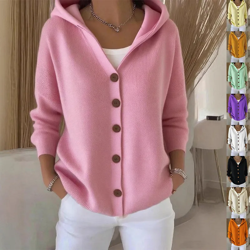 Button Hooded Sweater Fashion Autumn and Winter Knitted Cardigan