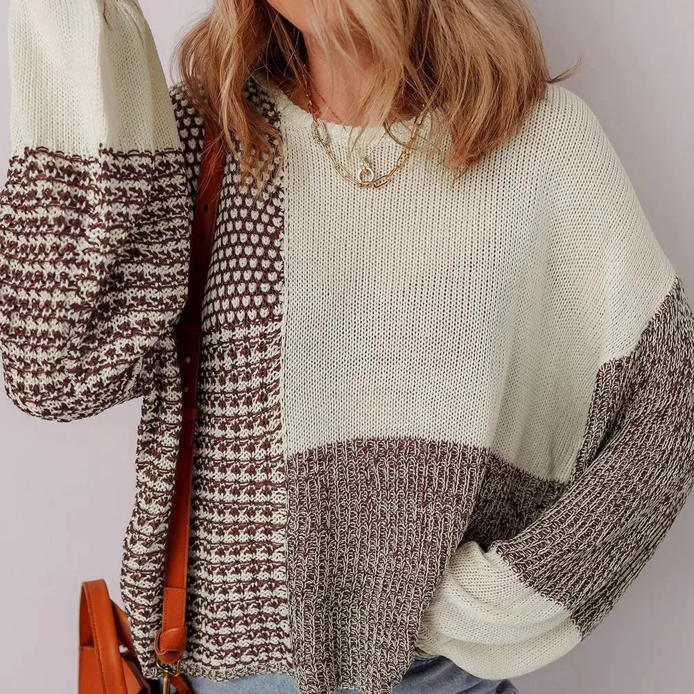 Dark Khaki Color Block Back Tie Drop Shoulder Loose Sweater - Dark Khaki