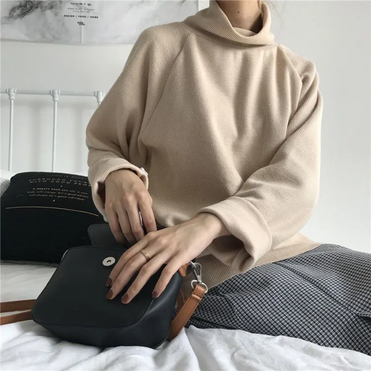 Women's Pure Color All-matching Half-high Collar Long Sleeves Top - Apricot