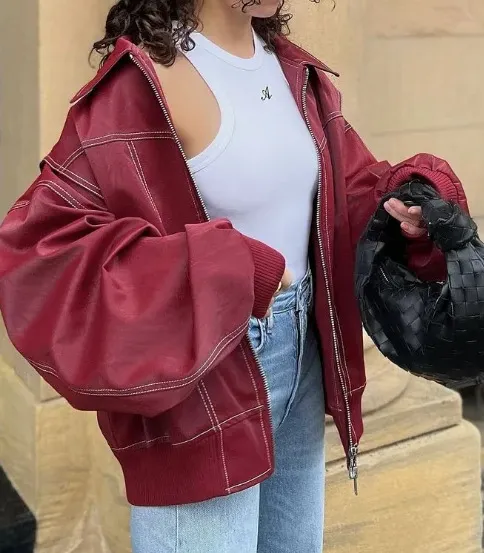 Loose Fashion Lapel Zip up Jacket Cool Long Sleeve Zipper Closure Moto Biker Leather Jacket Womens Clothing Wine Red - Shop at LoveMi