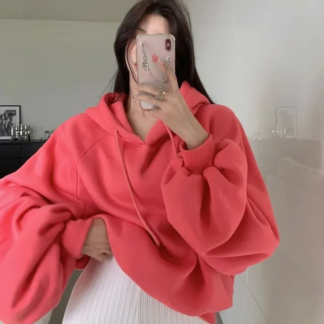 Women's Loose Solid Color Pullover Loose Hooded Sweater Watermelon Red - Shop at LoveMi