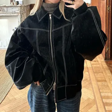 Loose Fashion Lapel Zip-up Jacket Cool Long Sleeve Zipper Closure Moto Biker Leather Jacket Womens Clothing - Black