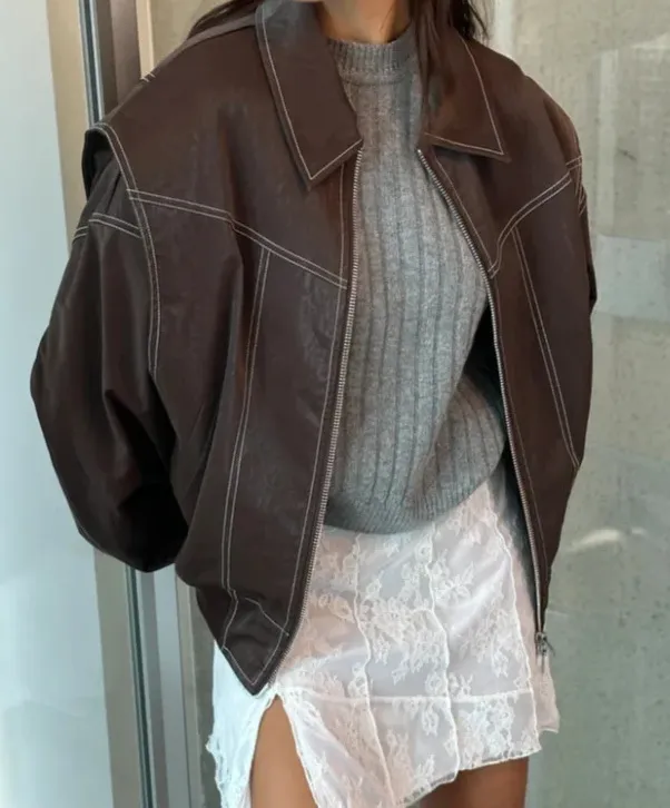 Loose Fashion Lapel Zip up Jacket Cool Long Sleeve Zipper Closure Moto Biker Leather Jacket Womens Clothing Brown - Shop at LoveMi