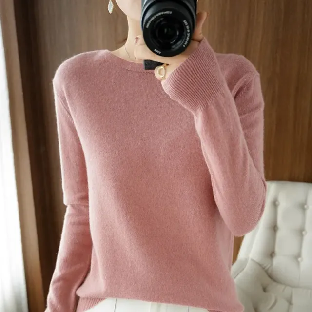 Loose Plus Size Crew Neck Sweater Solid Color Minimalist Thin Base Shirt Leather Pink - Shop at LoveMi