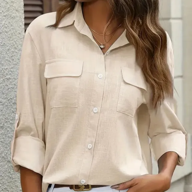 European And American Style Women Button Loose Shirt Solid Color Casual Apricot - Shop at LoveMi