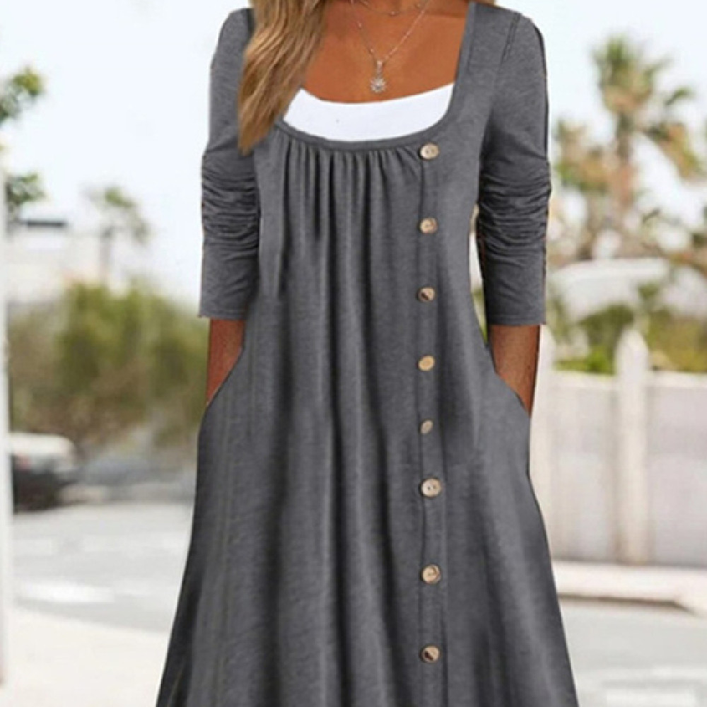 Personality Solid Color Button Dress Women