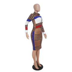 Sexy Multi-colour Mosaic Long Sleeve Printed Dress - Multicolour - View 1