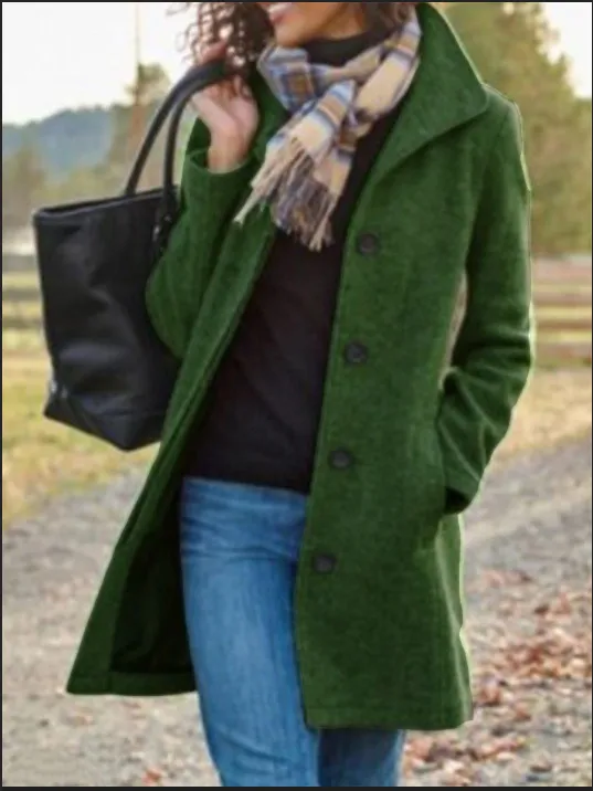 Ladies New Woolen Mid-length Multi-grain Buckle Cardigan Coat - Green A
