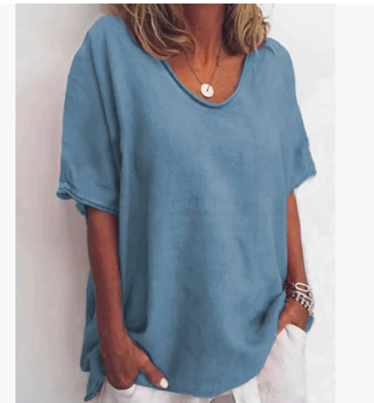 Cotton And Linen Solid Color Short sleeved T shirt Women's Casual Coat Blue A - Shop at LoveMi