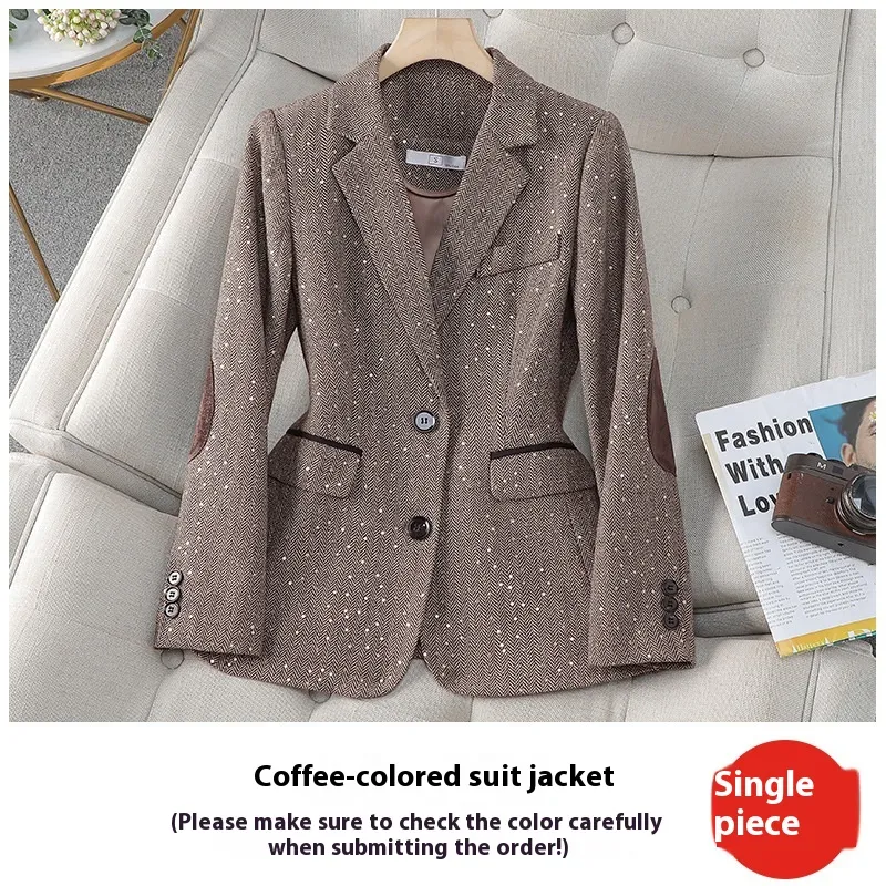 Women's Korean-style Houndstooth Design Small Suit Jacket - Coffee