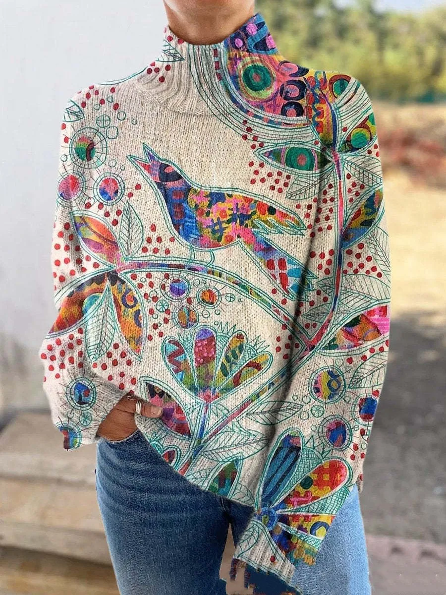 3D Floral Pattern Printing Independent Station High Neck Long Sleeve Sweaters - Floral