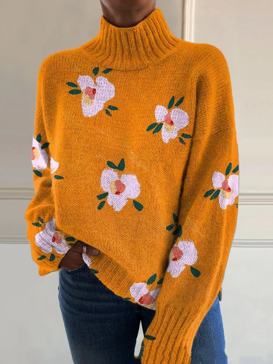 3D Floral Pattern Printing Independent Station High Neck Long Sleeve Sweaters - 3Style