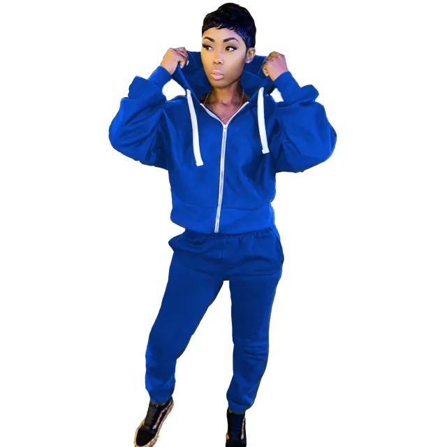 Women's Casual Solid Color Long sleeved Trousers Two piece Suit Blue - Shop at LoveMi