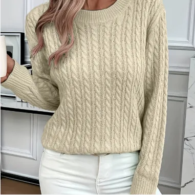 Ins Twist Round Neck Pullover Sweater Fashion Solid Color Long sleeved Knitted Top For Women Khaki - Shop at LoveMi