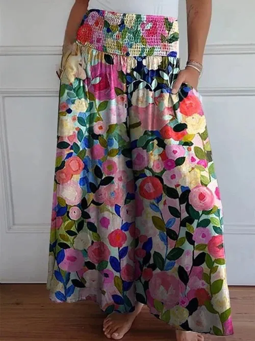 Casual High Waist Smocking Wide Leg With Pockets Denim Women's Pants Flower Color - Shop at LoveMi