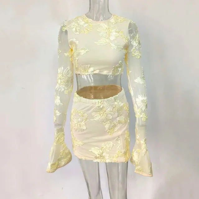 Ladies Embroidered Flower Backless T shirt Skirt Suit Women Apricot - Shop at LoveMi