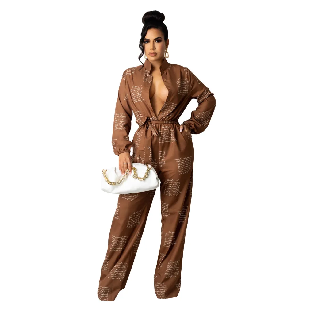 Women's Casual Fashion Loose Shirt Long Sleeve Jumpsuit - Brown