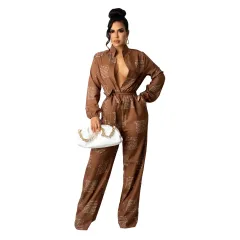 Women's Casual Fashion Loose Shirt Long Sleeve Jumpsuit - Brown - View 1