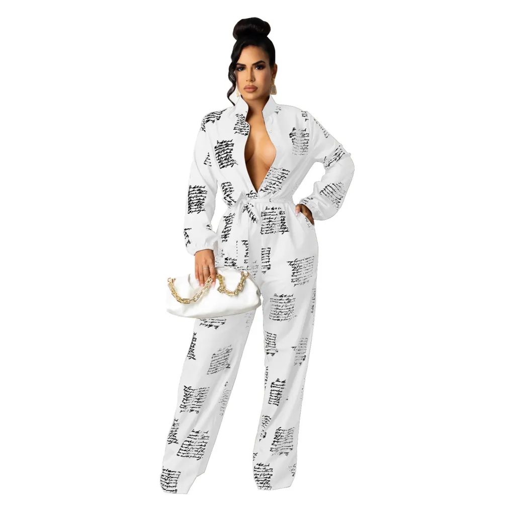 Women's Casual Fashion Loose Shirt Long Sleeve Jumpsuit - White