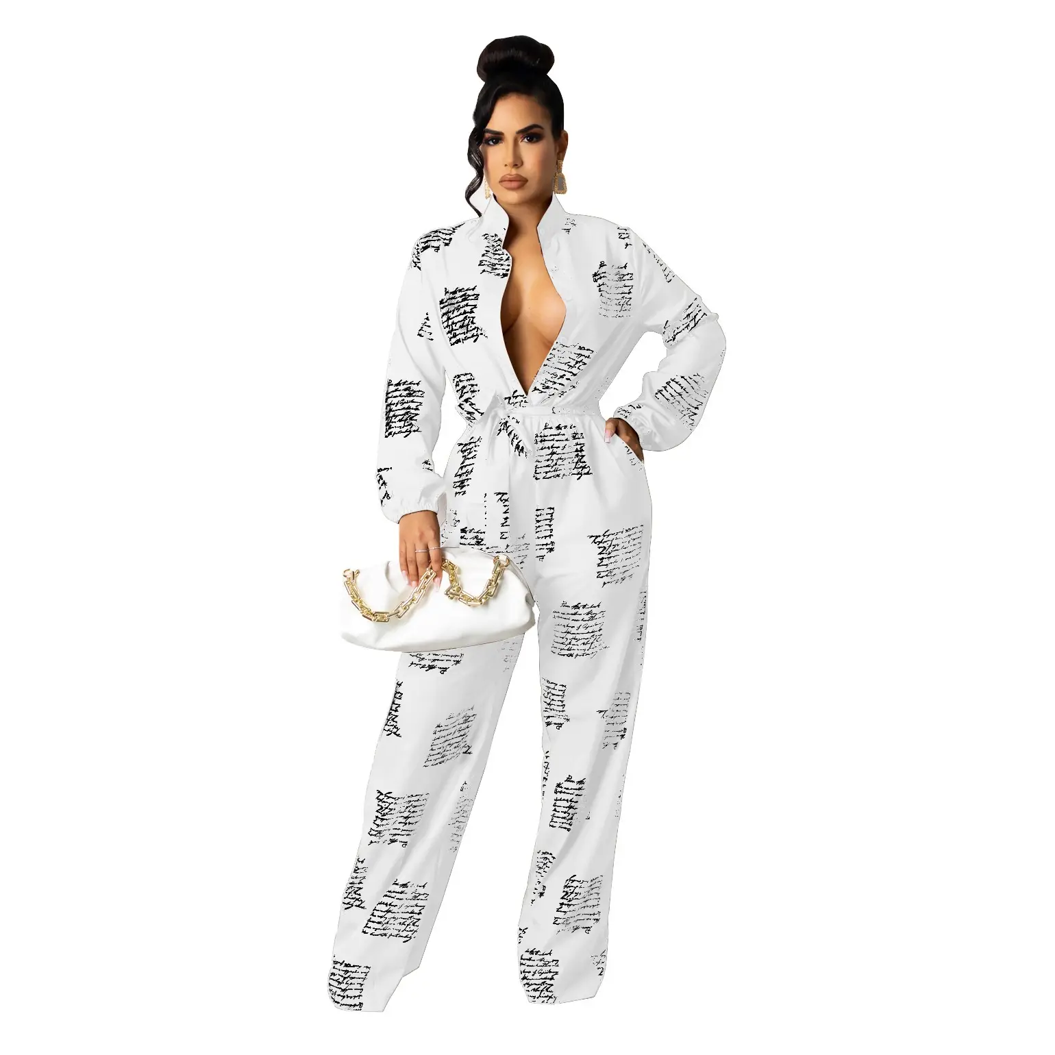 Women's Casual Fashion Loose Shirt Long Sleeve Jumpsuit