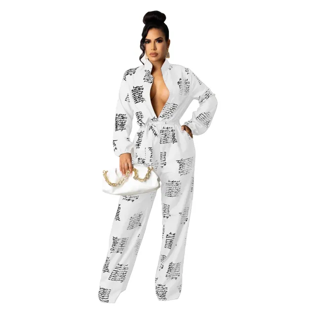 Women's Casual Fashion Loose Shirt Long Sleeve Jumpsuit White - Shop at LoveMi