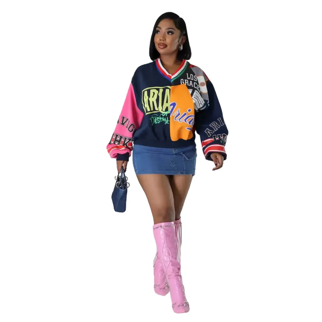 Women's Casual Fashion Stitching Contrast Color Letter Printing Loose V-neck Sweatshirt - Dark Blue