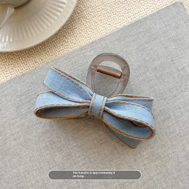 Back Head Blue Denim Bow Barrettes Metal Clip - Shop at LoveMi