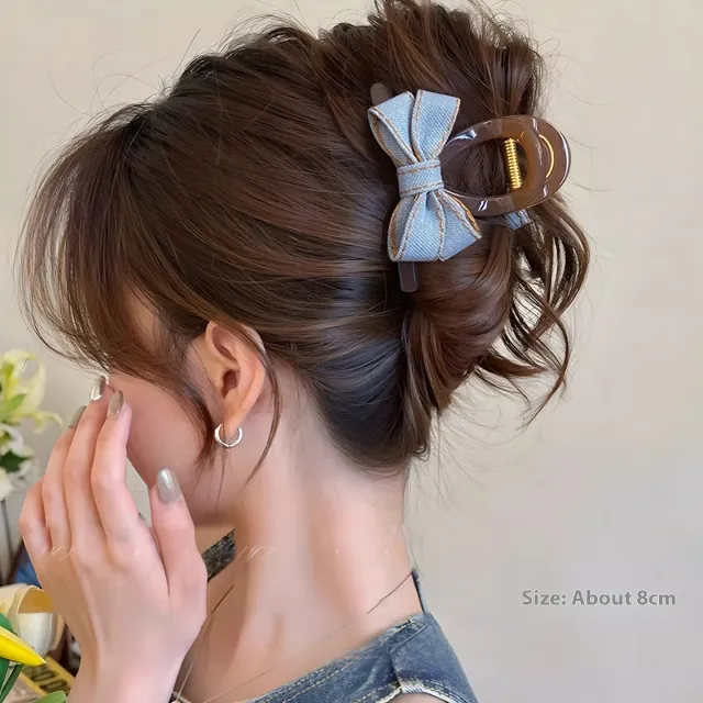 Back Head Blue Denim Bow Barrettes Small Clip Light Blue - Shop at LoveMi