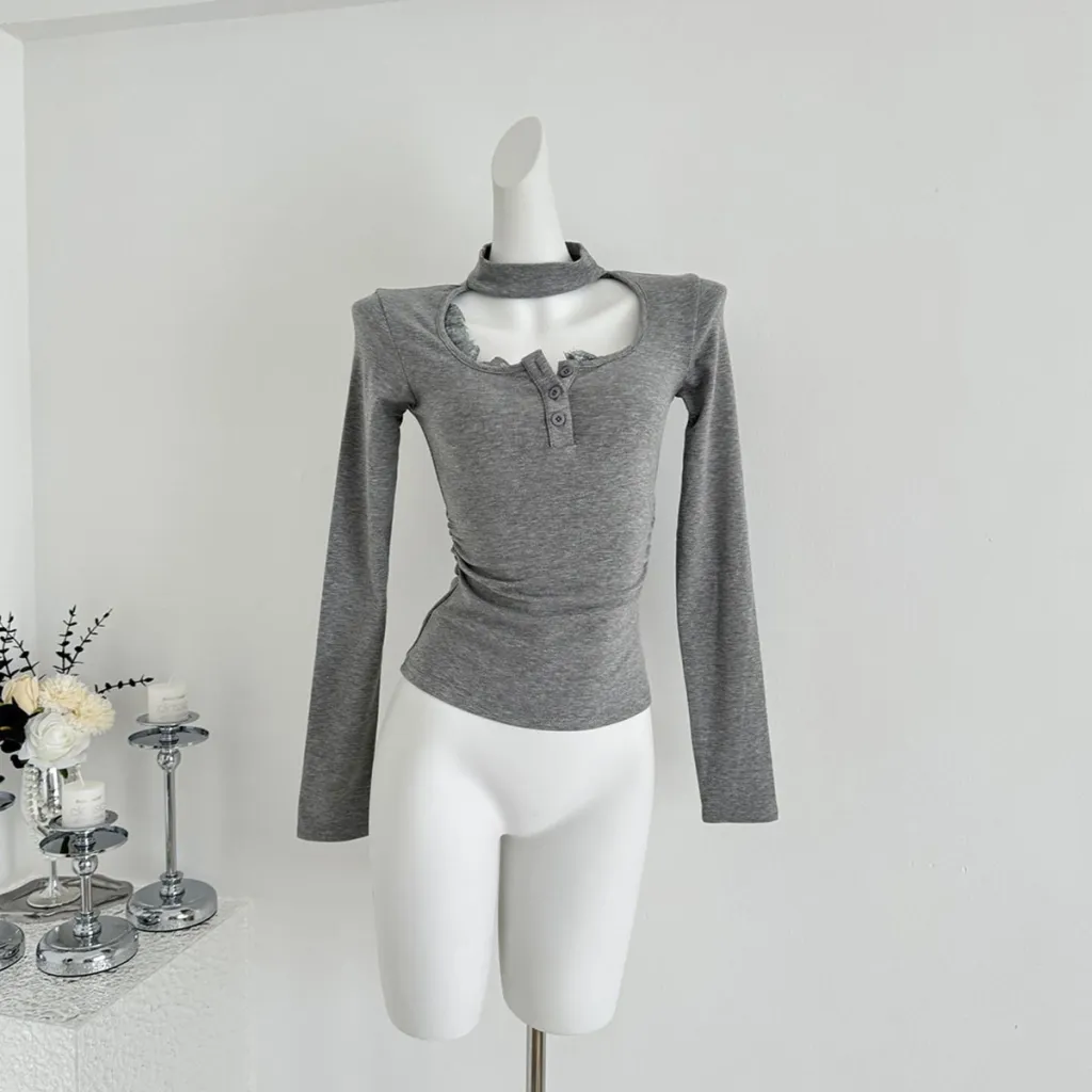 Lace Stitching Women's New Tight Pleated Inner Wear Blouse - Gray