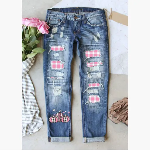 Ladies Ripped Plaid Ladies Jeans Trousers - Pink Checkered 005724