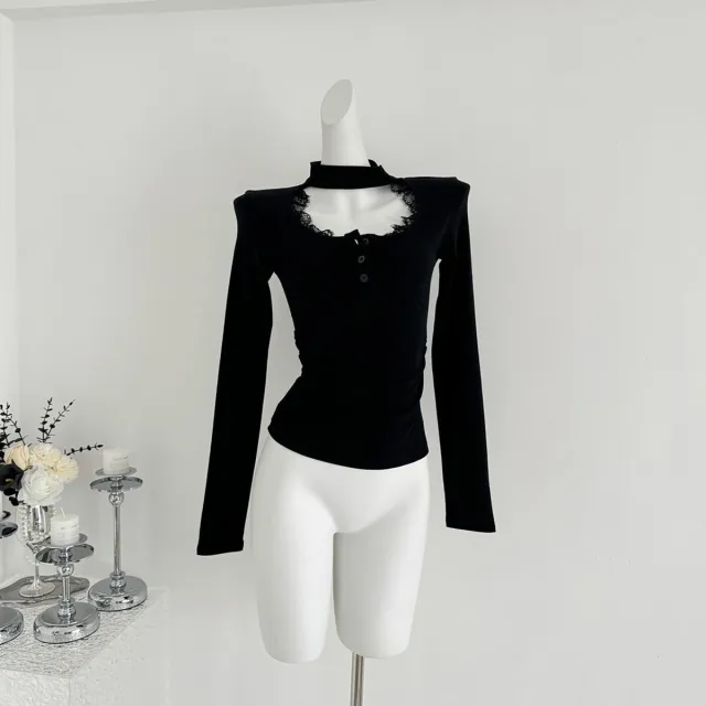 Lace Stitching Women's New Tight Pleated Inner Wear Blouse Black - Shop at LoveMi
