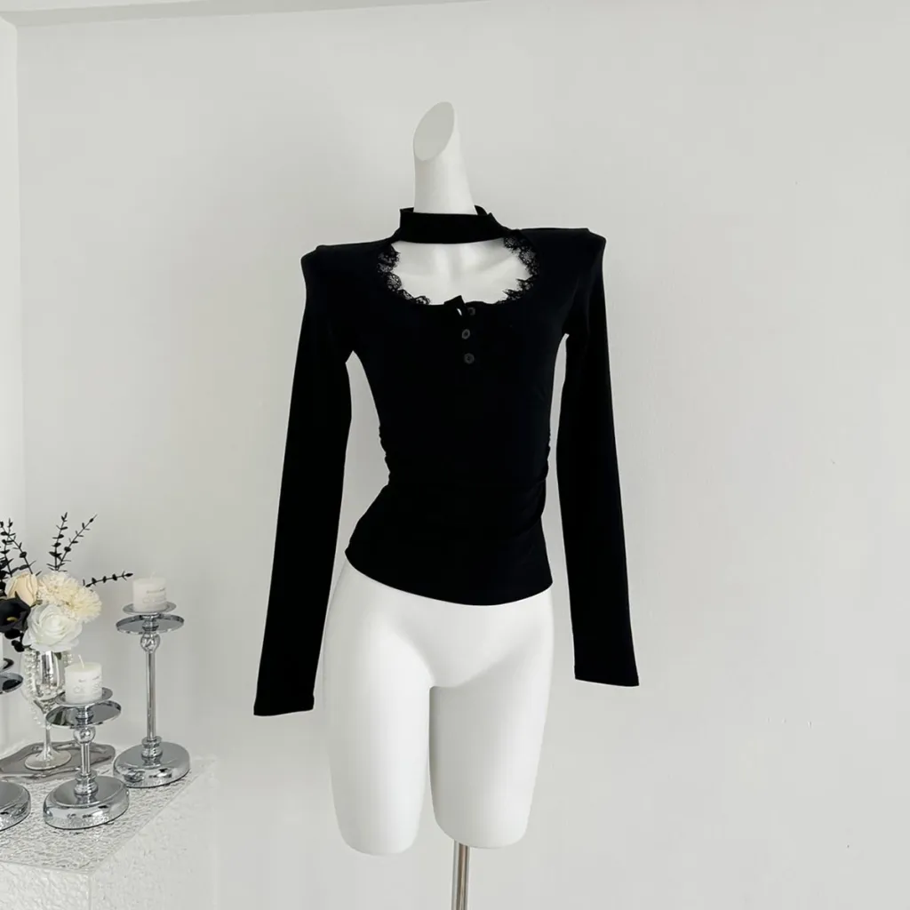 Lace Stitching Women's New Tight Pleated Inner Wear Blouse - Black