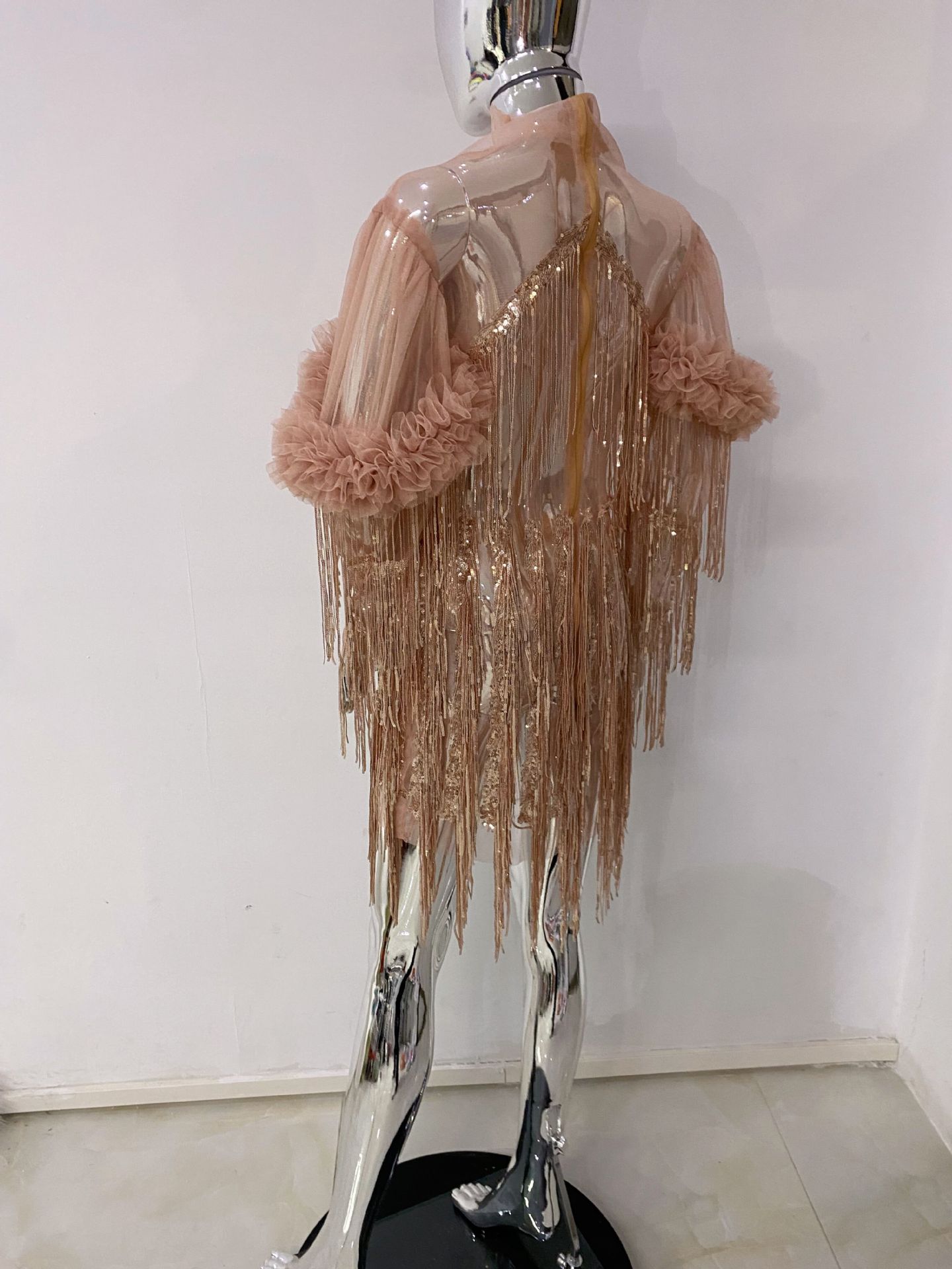 Gorgeous Heavy Industry Pleated Lace Sequins Tassel Sheer Mesh Dress