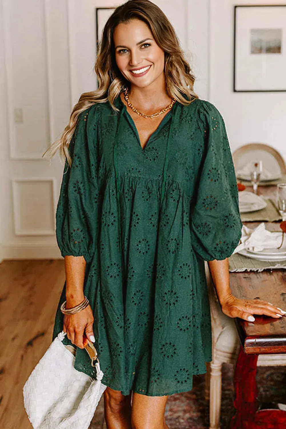 Blackish Green Embroidered Eyelet Pattern Puffy Sleeve Swing Mini Dress - Black