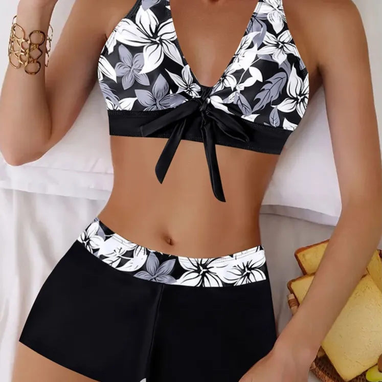 Bikini Split Swimsuit Printed Plus Size - Black