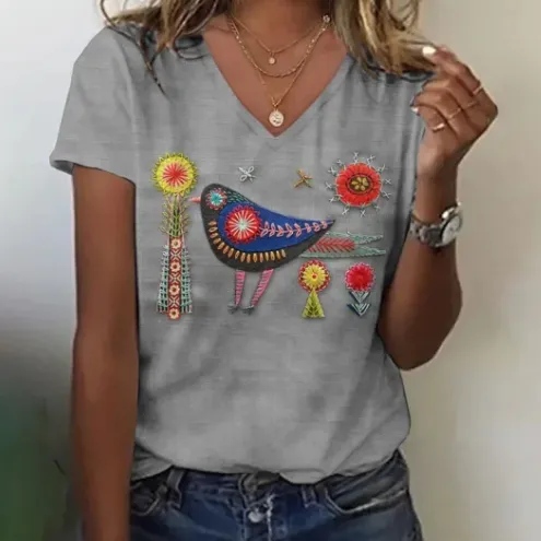 Women's Floral And Bird Embroidered V-neck Short-sleeved T-shirt - Grey