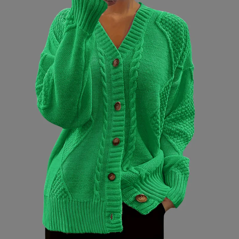 Autumn And Winter V-neck Single Breasted Cross-border Foreign Trade Cable-knit Sweater Coat - Green