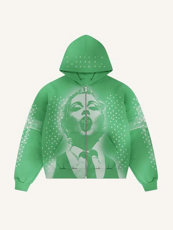 FigureCross Faux Rhinestones Print Zip Up Hooded Coat Green - Shop at LoveMi