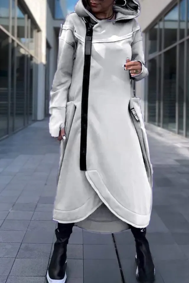 Women's Long Irregular Hem Zipper Fashion Pocket Sweatshirt White - Shop at LoveMi