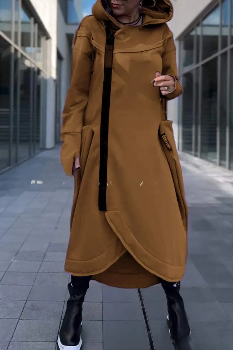Women's Long Irregular Hem Zipper Fashion Pocket Sweatshirt - Brown