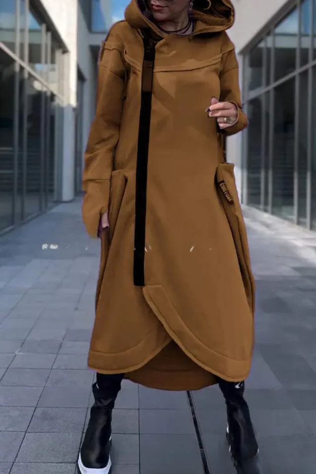 Women's Long Irregular Hem Zipper Fashion Pocket Sweatshirt Brown - Shop at LoveMi