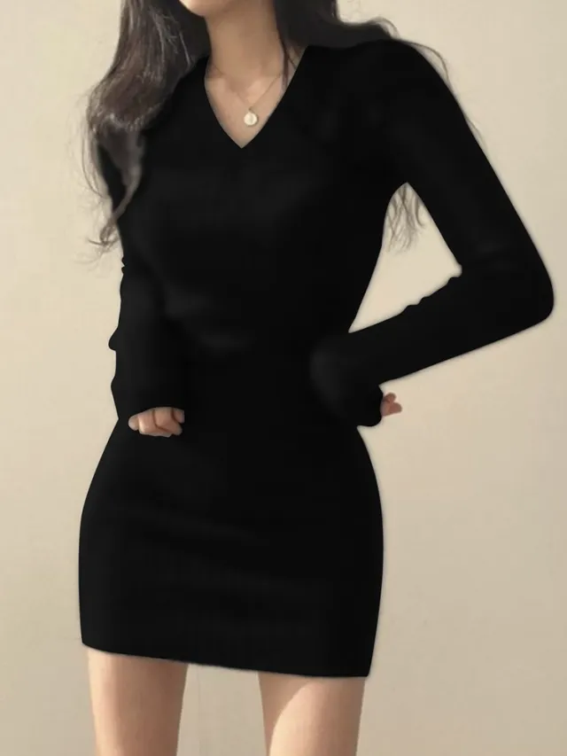 Slim Fit Dress Women's Bag Hip Black Tight Coat Inner Knitted Base Short Skirt Black Common Style - Shop at LoveMi