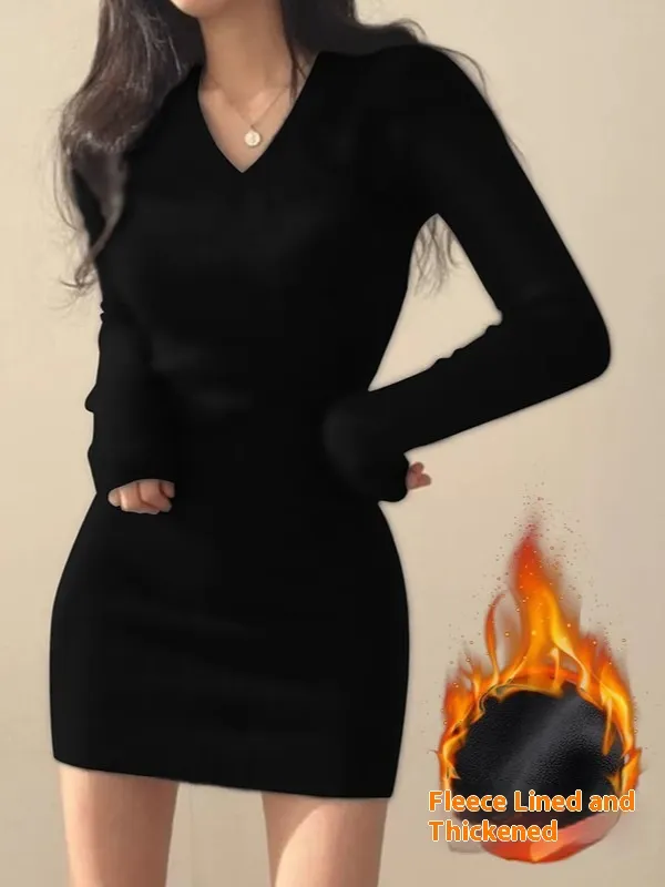 Slim Fit Dress Women's Bag Hip Black Tight Coat Inner Knitted Base Short Skirt Black Plusvelvet - Shop at LoveMi