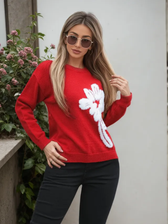 Women's Long sleeved Knitted Jacquard Solid Color Sweater Red - Shop at LoveMi