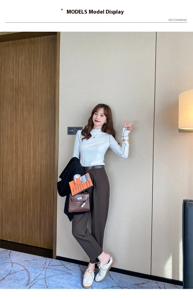 Half Turtleneck Wooden Ear Sweet Spicy Long sleeved T shirt Top For Women Pearl White - Shop at LoveMi