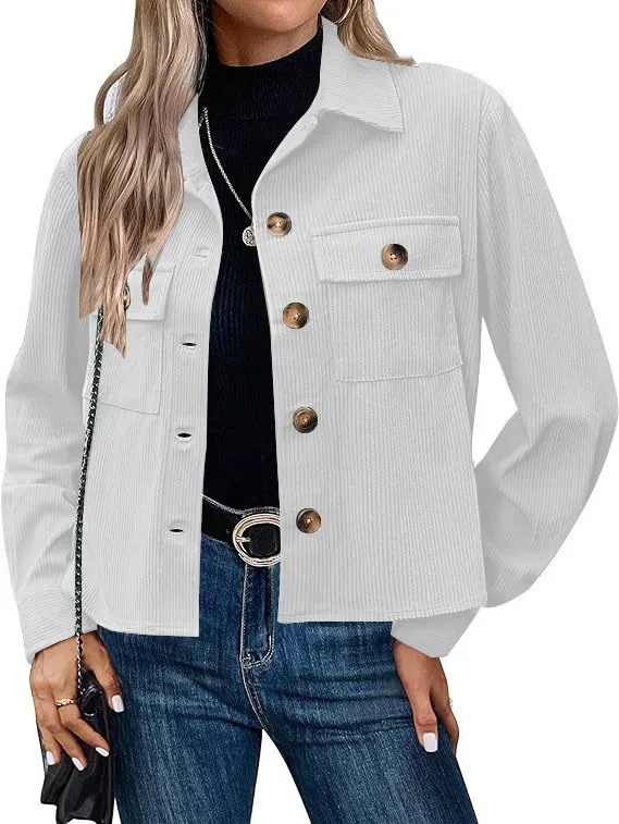 Women's Fashion Short Short Shirt Corduroy Button - White