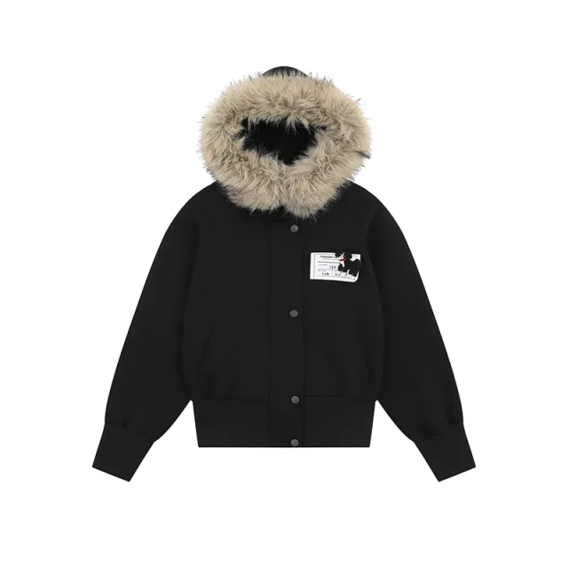 Korean Style Big Fur Collar Three dimensional Puppy Decorative Hooded Jacket Black - Shop at LoveMi