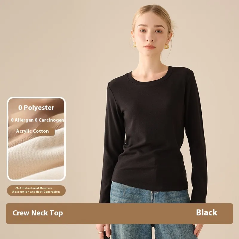 Women's Shoulder Round Neck Long-sleeved Bottoming Shirt - Black